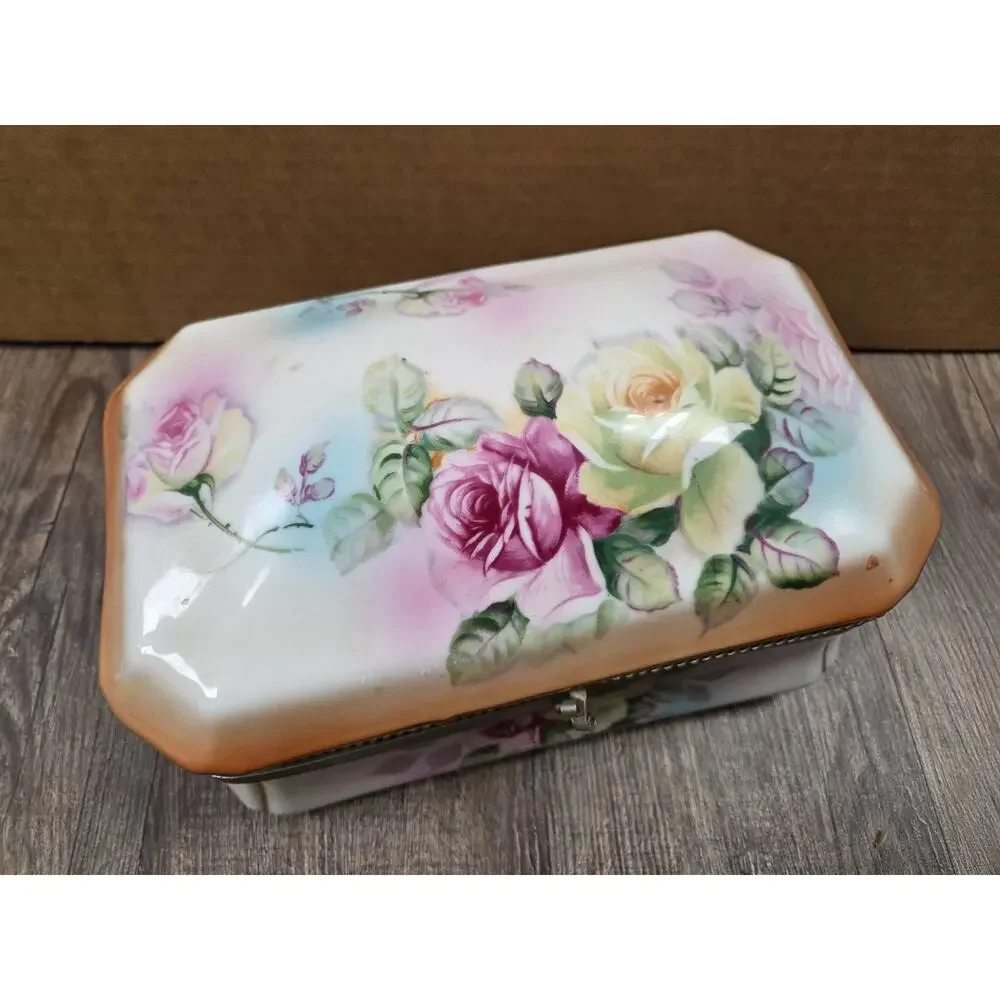 Antique RS Prussian Porcelain Large Table Top Hinged Lidded Trinket Box Roses